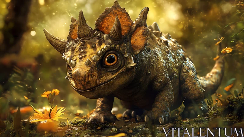 Baby triceratops explores glowing forest meadow scene.