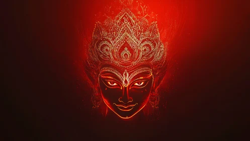 Ember-eyed goddess visage crowned in molten filigree fire.
