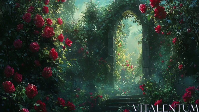 Garden archway framed by flowering roses under diffuse atmospheric lighting