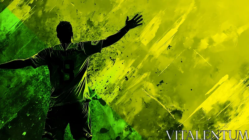 Soccer forward silhouette celebrates against neon abstract field