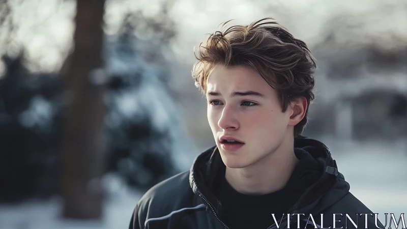 Shallow‑depth winter portrait isolates subject with soft bokeh field