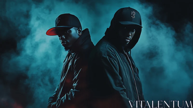 Dark-clad hip hop duo stand back to back in blue smoke