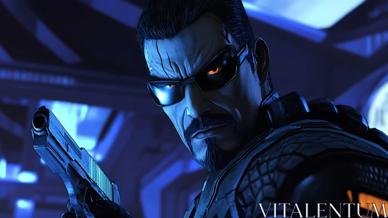 Augmented gunman locks aim in neon-lit cybernetic corridor