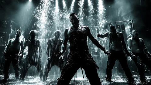 Industrial metal band performs under cascading stage water