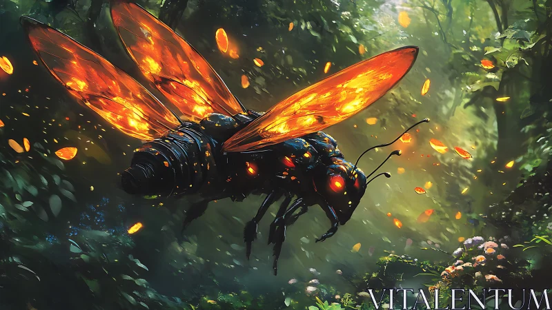 Mechanical firefly with glowing wings in dense forest scene.