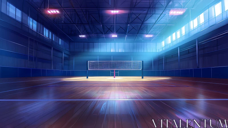 Anime indoor volleyball court with luminous linear perspective.