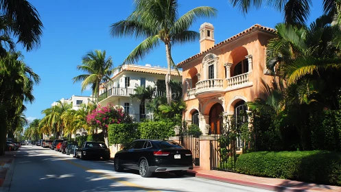Photorealistic Mediterranean villa streetscape with lush palms.