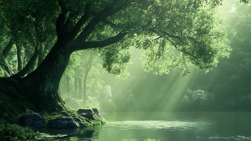 Illuminated forest stream with mature tree formation.