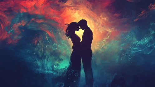 Silhouetted Couple Against Luminous Abstract Background
