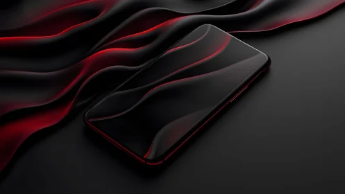 Sleek smartphone on black and red abstract wavy background.