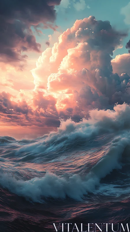 Storm-tossed ocean waves under radiant sunset cloud tower.