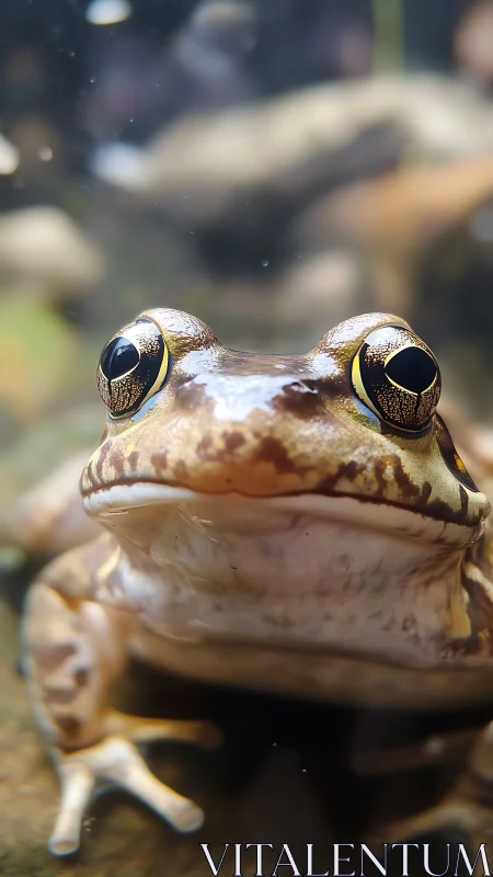 Close-up frog portrait with reflective eyes in water.