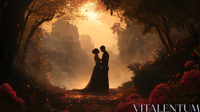 Couple Embracing in Luminous Forest Cathedral