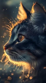 Feline Head with Luminous Particle Effects