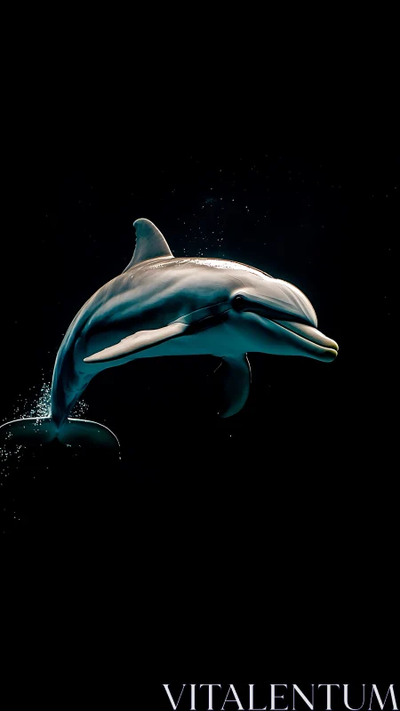 Dolphin cuts through dark water with dramatic rim lighting.