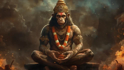 Battle-scarred monkey deity meditates in emberlit ruins.