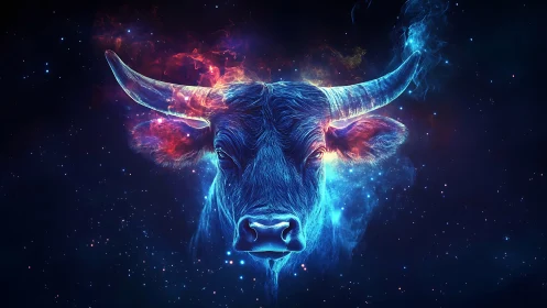 Neon blue bull head floats in glowing cosmic starfield.