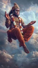 Graceful divine monkey figure rests calmly in glowing clouds