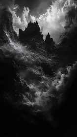 Stormlit obsidian peaks rising through restless cloud veils.