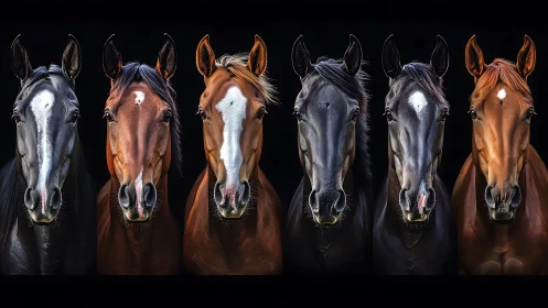 Equine portrait lineup under dramatic high-contrast lighting.