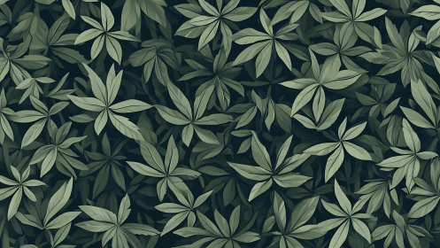 Layered tropical foliage pattern in muted green tones.
