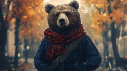 Gentle bear in scarf strolls through a dreamy autumn city street