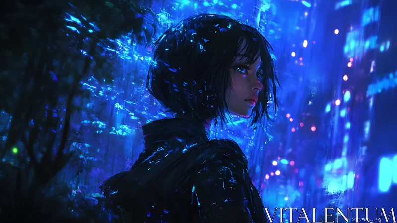 Midnight city wanderer glowing softly in neon blues.