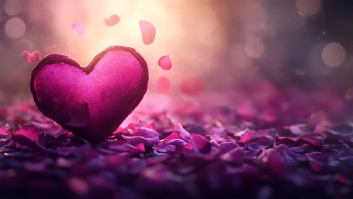 Glowing Pink Heart Surrounded by Romantic Petals.