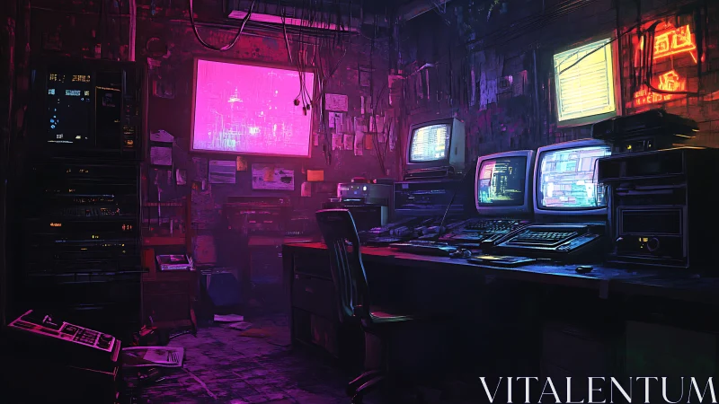 Cyberpunk hacker workstation fills dark neon-lit control room