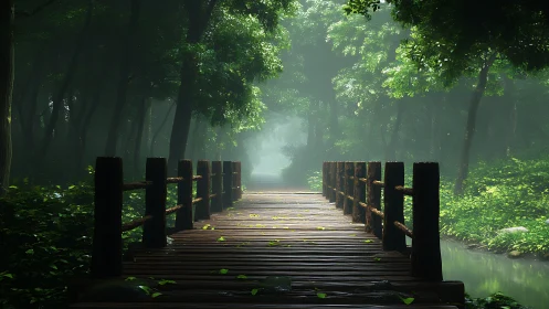 Wooden forest bridge leads into soft morning mist.