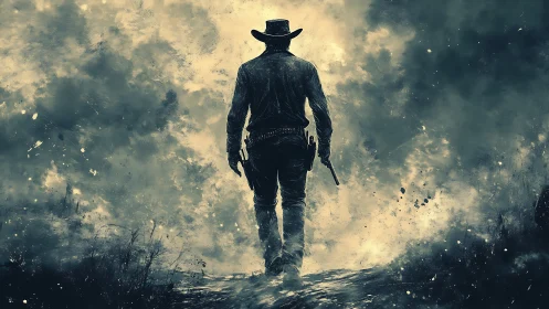 Silhouetted cowboy walks forward through dense atmospheric haze