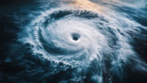 Satellite-style rendering captures cyclonic vortex with detailed eyewall