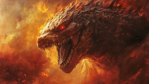 Infernal dragon roaring amid molten firestorm clouds.