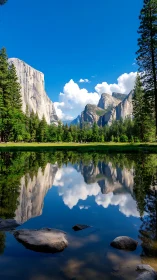 Mirror-bright lake cradling majestic cliffs and forest calm.