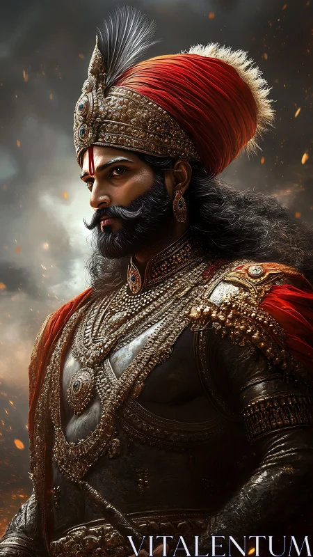 Regal warrior portrait in ornate armor and crimson turban.