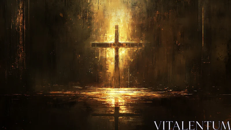 Luminous golden cross in dark abstract atmospheric space