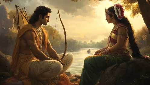 Two seated figures converse by a riverbank at sunset