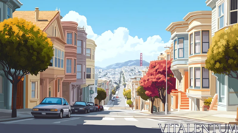 Steep urban street with row houses and distant suspension bridge.