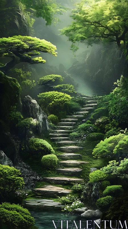Stone path ascending through dense mossy forest glade.
