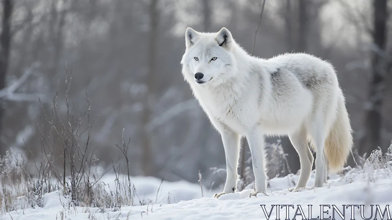 Arctic wolf in high-key winter habitat, telephoto isolation.