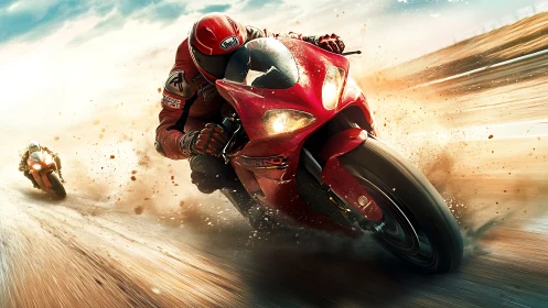 High-speed motorcycle cornering with motion blur and dust spray