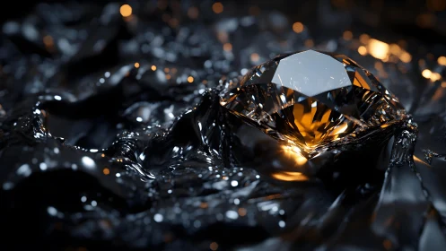 Brilliant diamond on glossy black surface with dramatic lighting.