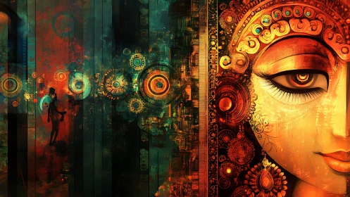 Abstract digital portrait aligns ornate face with mechanical motifs