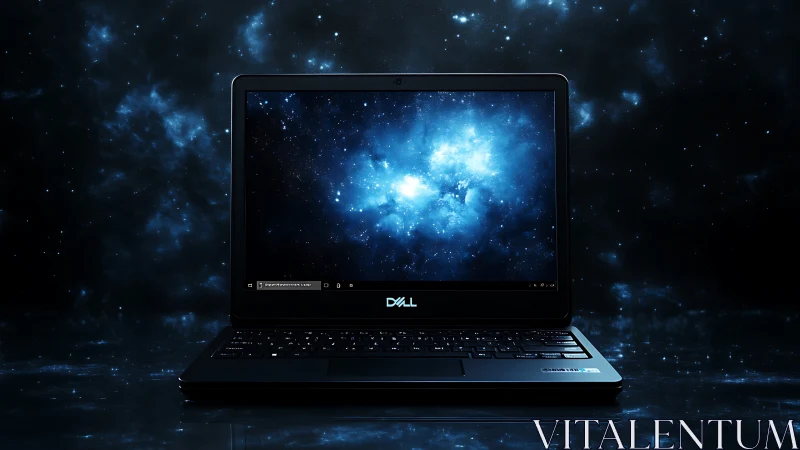 Dell laptop centrally framed against deep-space nebula backdrop
