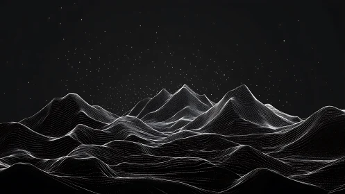Wireframe mountain peaks glow against a star-dotted void.