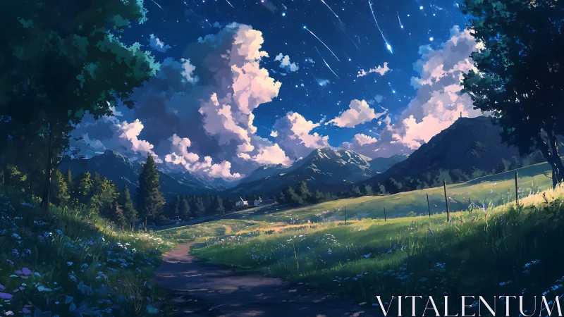 Starlit mountain valley meadow under sweeping meteor shower.