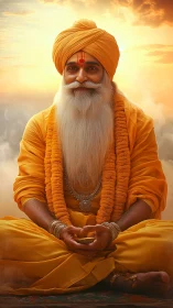 Serene elder guru in saffron robes against glowing sky.