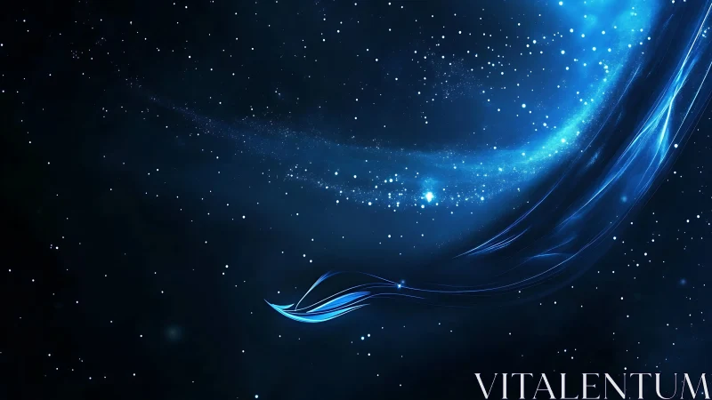 Cosmic blue energy stream sweeping through starfield night.