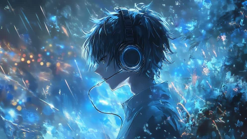 Blue cyberpunk gamer with headset in neon rainstorm.