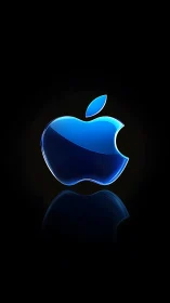 Electric blue apple emblem floats in polished darkness